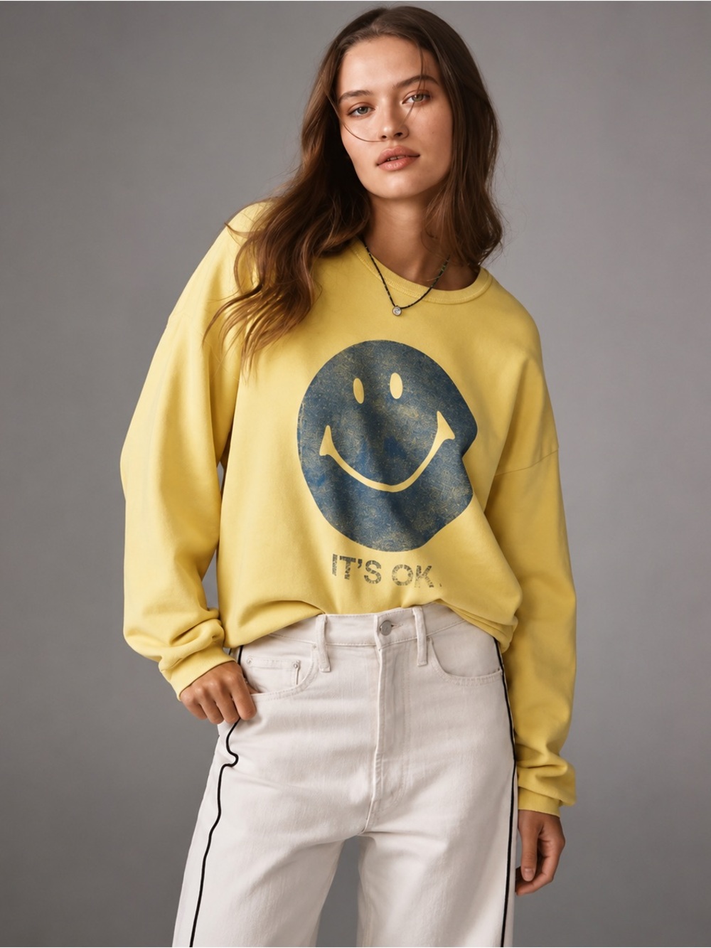 MOTHER The Drop Square It’s OK Smiley Graphic Sweatshirt Yellow XS $168